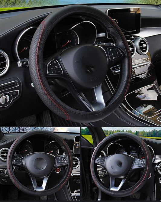 Steering wheel cover on a car steering wheel with close-up views.