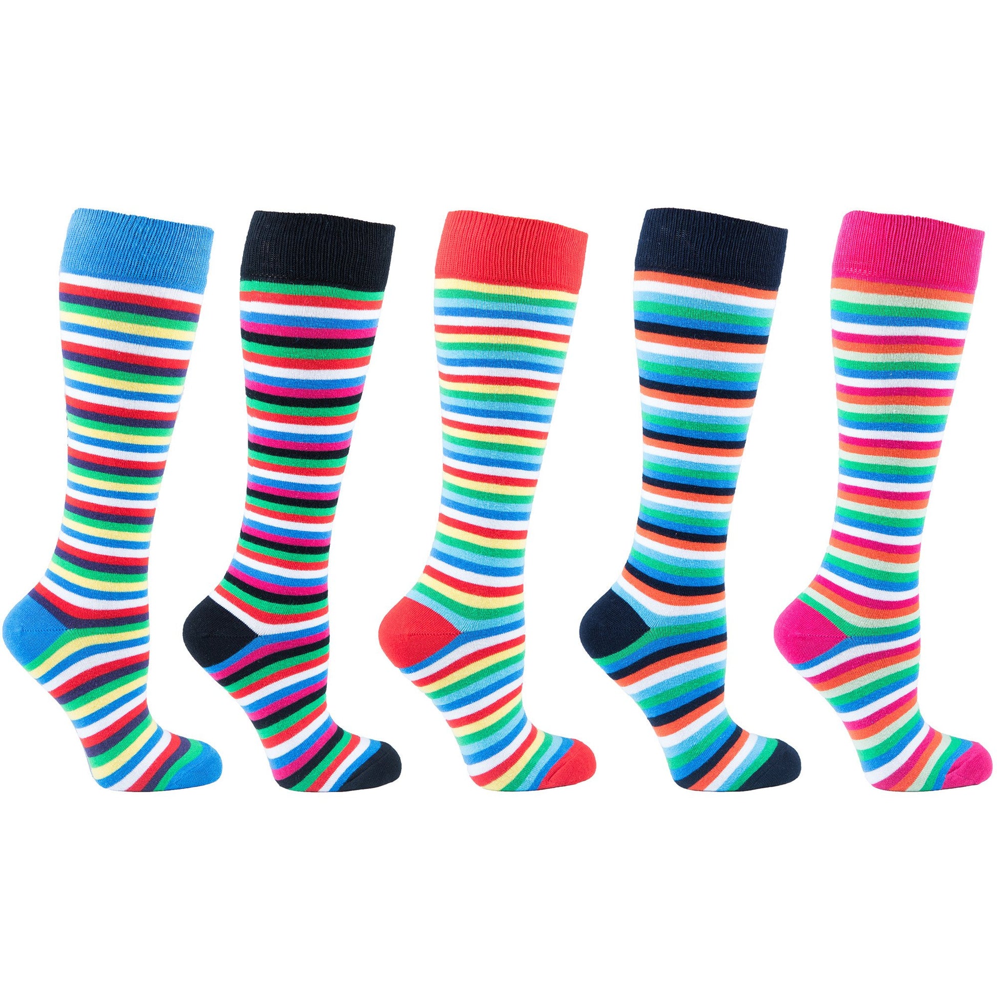 Set of six colorful striped knee-high socks on a white background