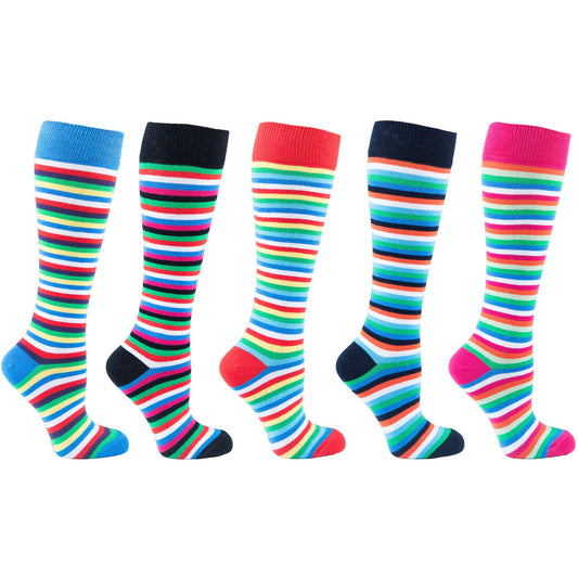 Set of six colorful striped knee-high socks on a white background