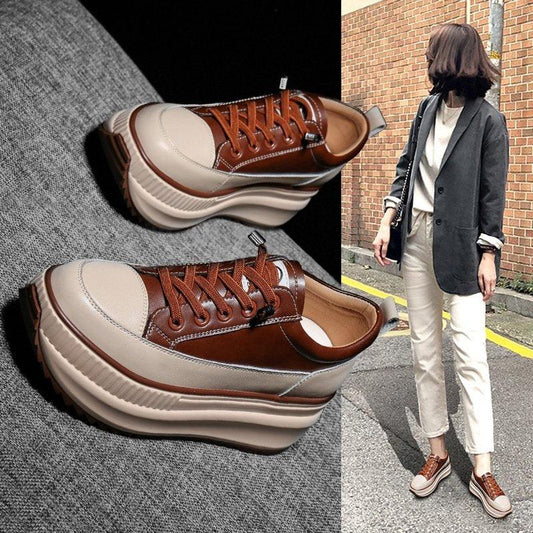 Winter Thich Womans Sneakers Warm Casual Vulcanized Shoes High Platform Boots Lace Up High Top Leather Sneakers Woman High Fashion Thick Soled Sports Walking Platform Shoes 7CM