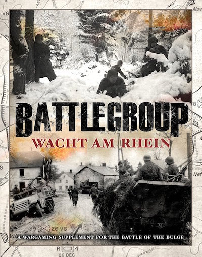 Cover of 'Battlegroup Wacht am Rhein' wargaming supplement with soldiers and vehicles in a snowy landscape.