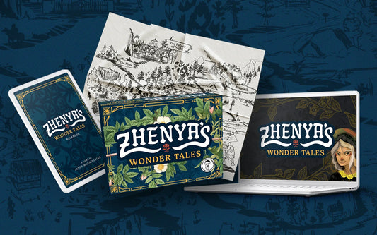 Collection of 'Zhenya's Wonder Tales' books and cards on a blue background with illustrations.
