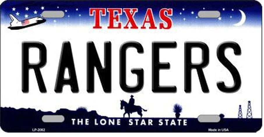A vanity license plate featuring the Texas Rangers logo with a space shuttle and moon background, indicating the Lone Star State.