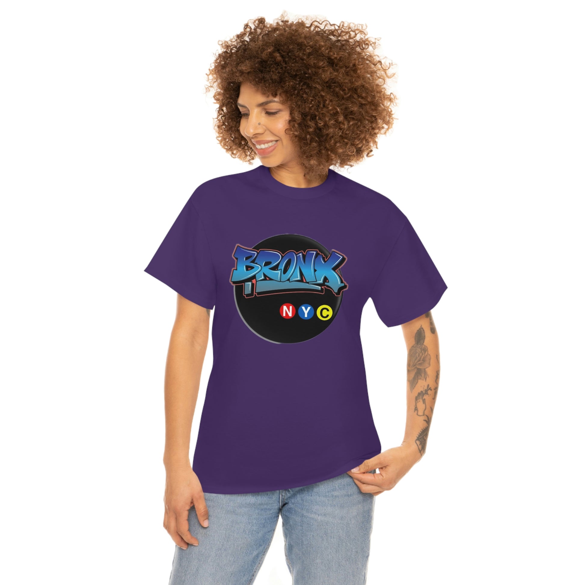 The Bronx Unisex Heavy Cotton Purple Tee on Female Model