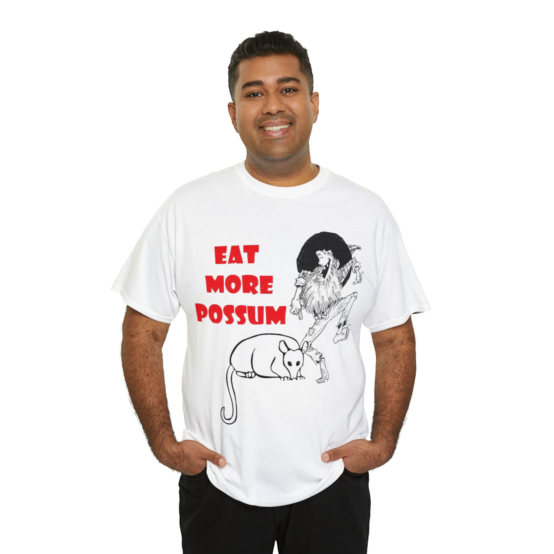 Eat More Possum Unisex Heavy Cotton Tee Latino Model