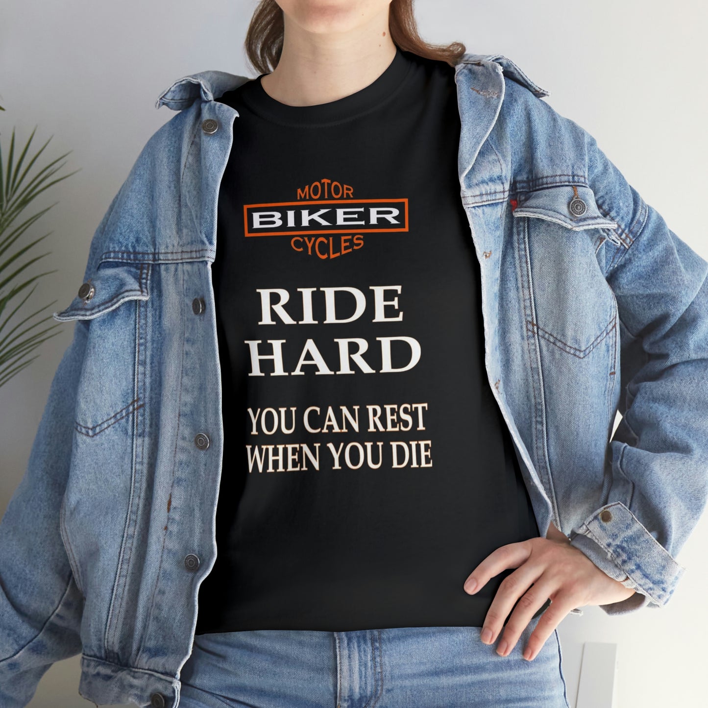 Ride Hard Bikers Unisex Heavy Cotton Tee Shirt with Denim Jacket