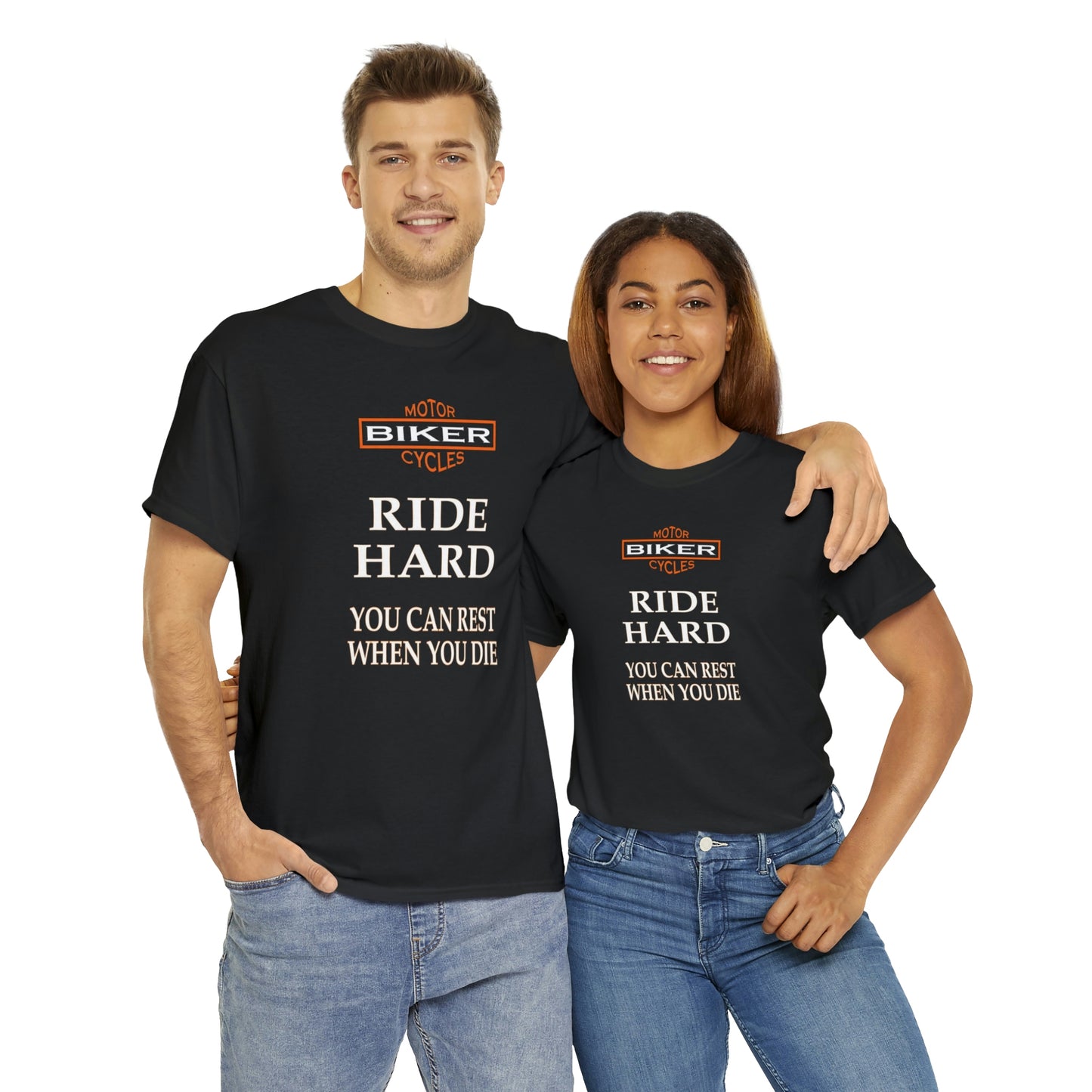 Couple Modeling Ride Hard Bikers Unisex Heavy Cotton Tee Shirt