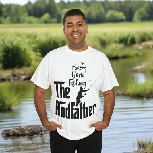 Rodfather Cotton Tee Shirt Male Model Standing By Stream