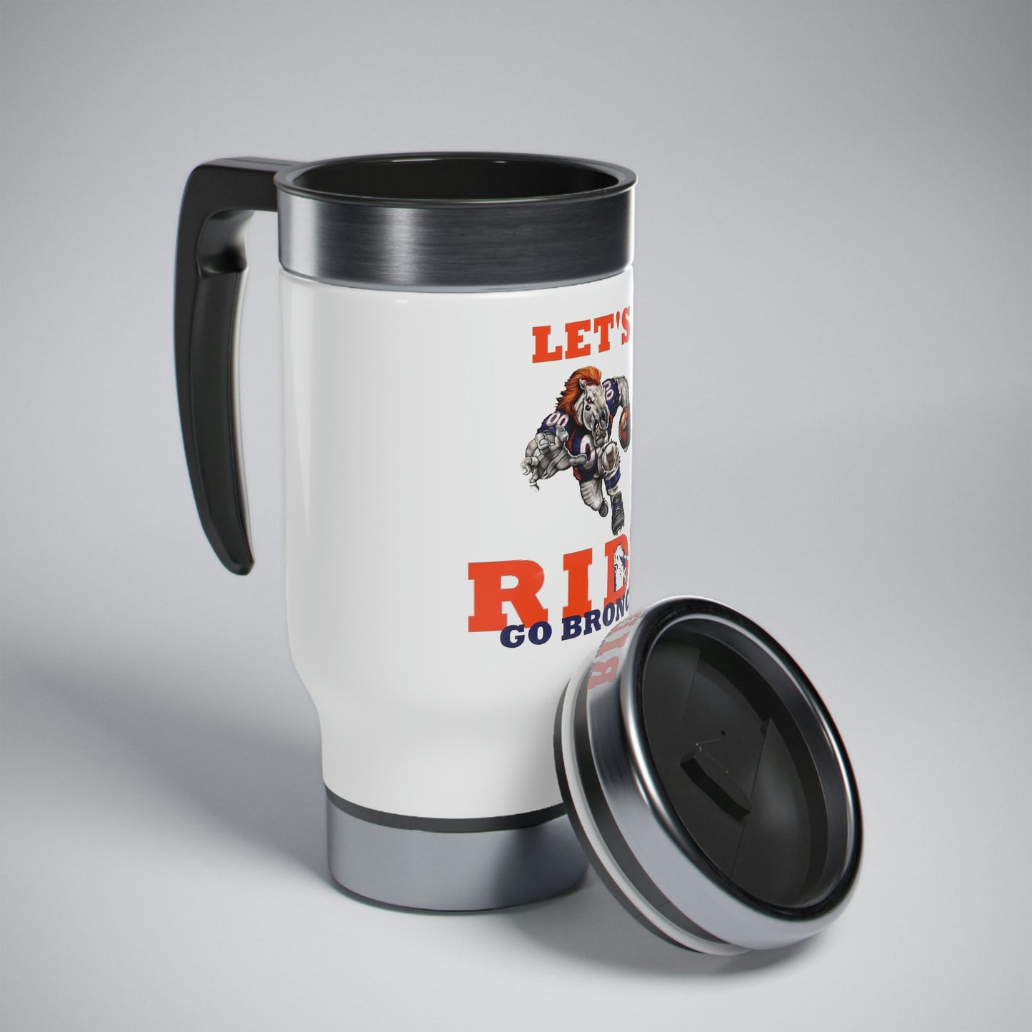 Denver Bronco's Lets Ride Stainless Steel Travel Mug with Handle, 14oz
