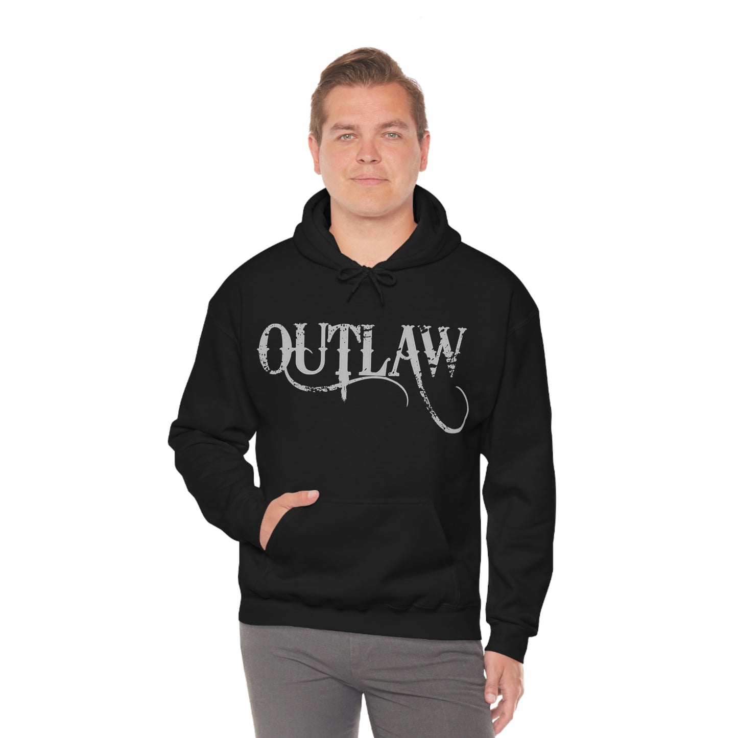 Outlaw Unisex Heavy Blend™ Black Hooded Sweatshirt On Male Model