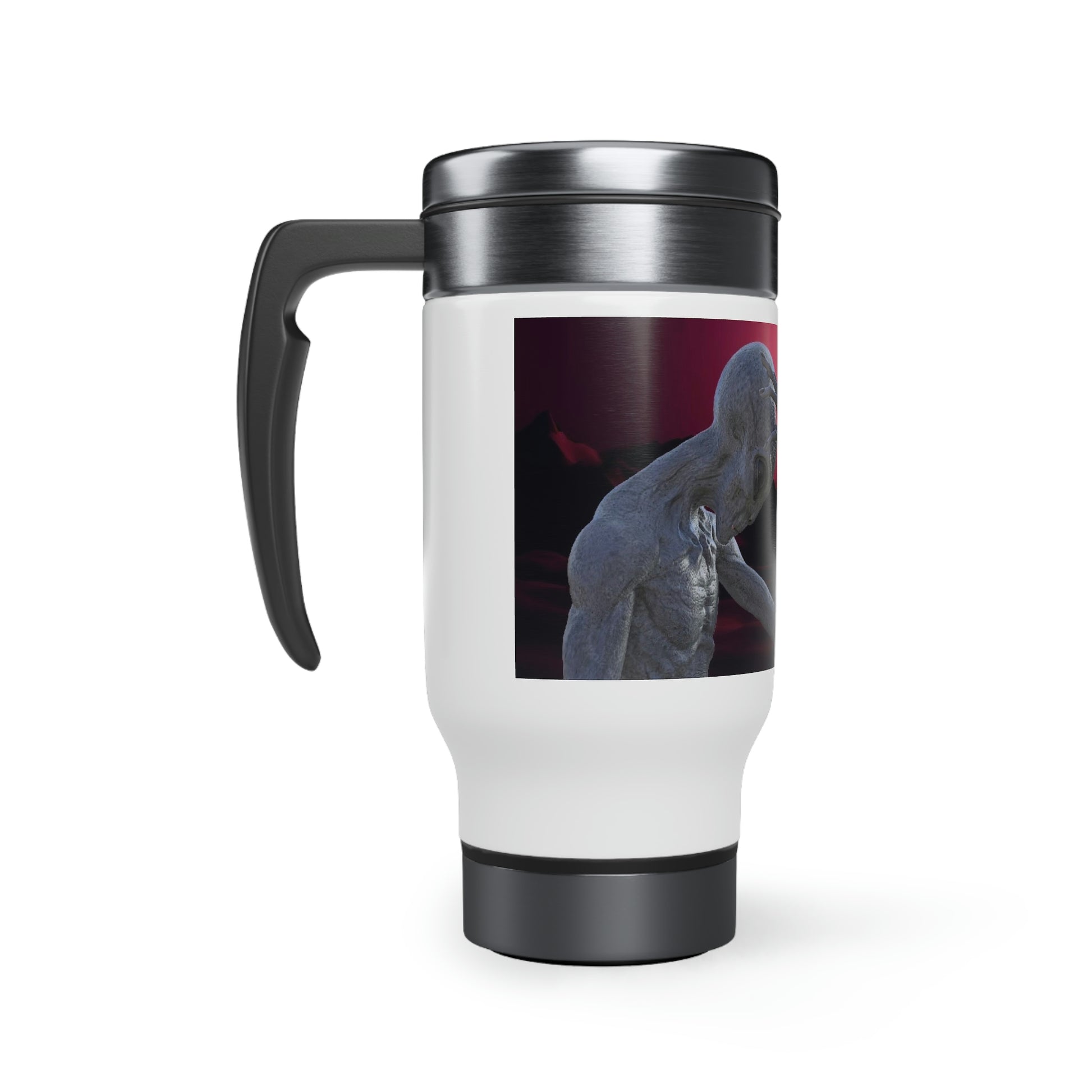 Left View Alien Freindly Stainless Steel Travel Mug with Handle, 14oz
