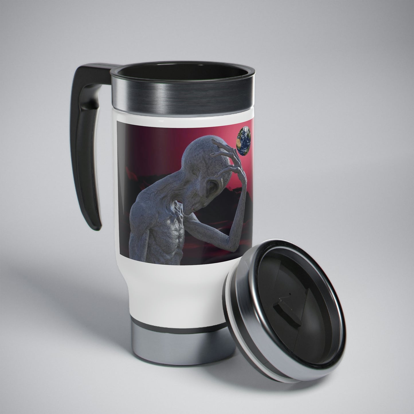 Lid Off Alien Freindly Stainless Steel Travel Mug with Handle, 14oz