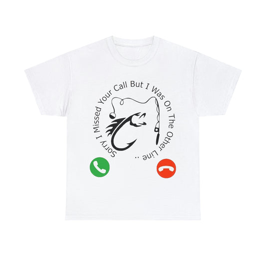 White crew neck t-shirt with text and graphic related to fishing, featuring a green and red phone icon.