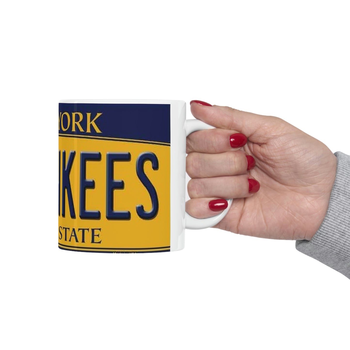 Hand Holds Go Yankees Ceramic Mug 11oz Retro Style New York License Plate
