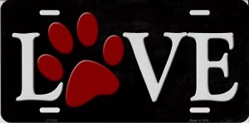 Love with Red Dogs Paw Print Metal License Plate