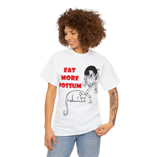 Black Woman Wearing Eat More Possum Unisex Heavy Cotton Tee