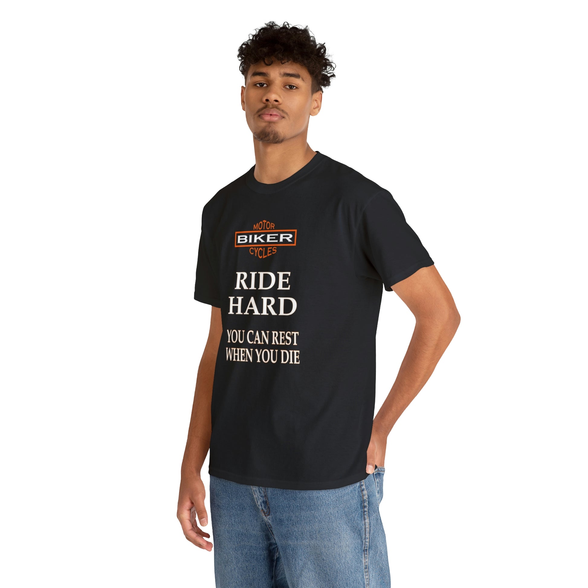 Male Model Ride Hard Bikers Unisex Heavy Cotton Tee Shirt