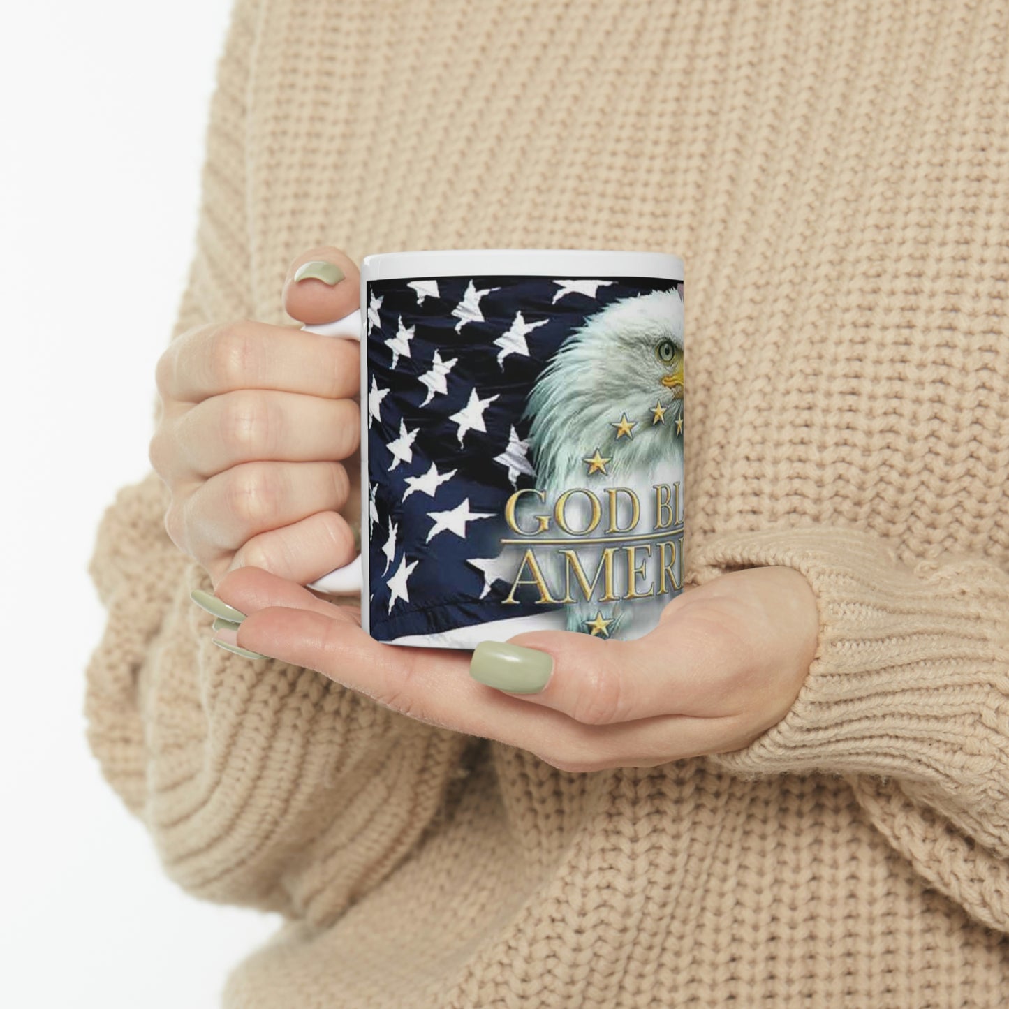 God Bless America 11oz Ceramic Mug Eagle American Flag Backdrop