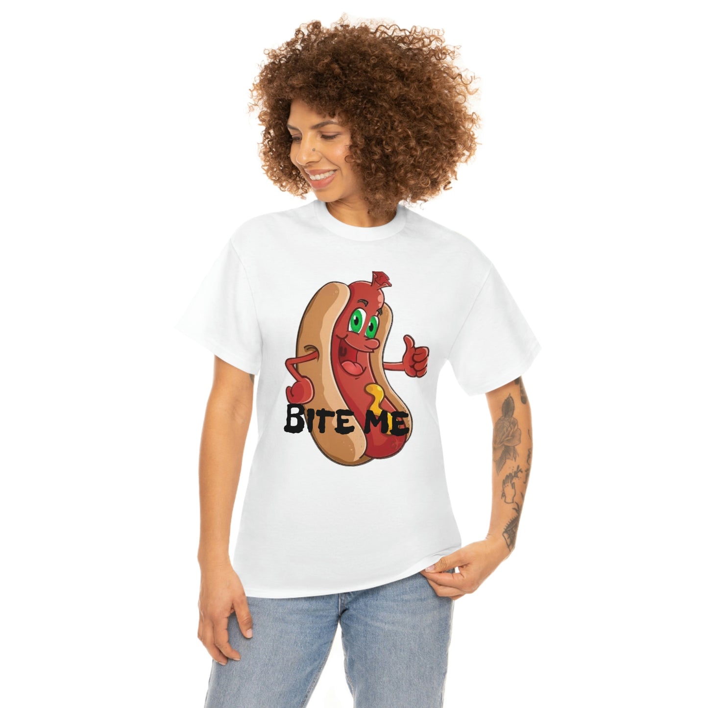 Bite Me Unisex Heavy Cotton Tee Female Model