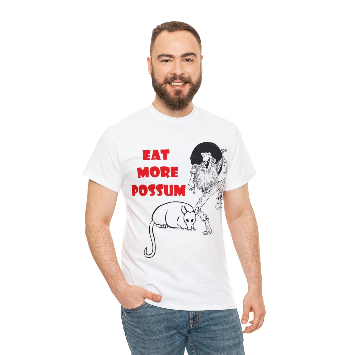Eat More Possum Unisex Heavy Cotton Tee Modeled by Guy