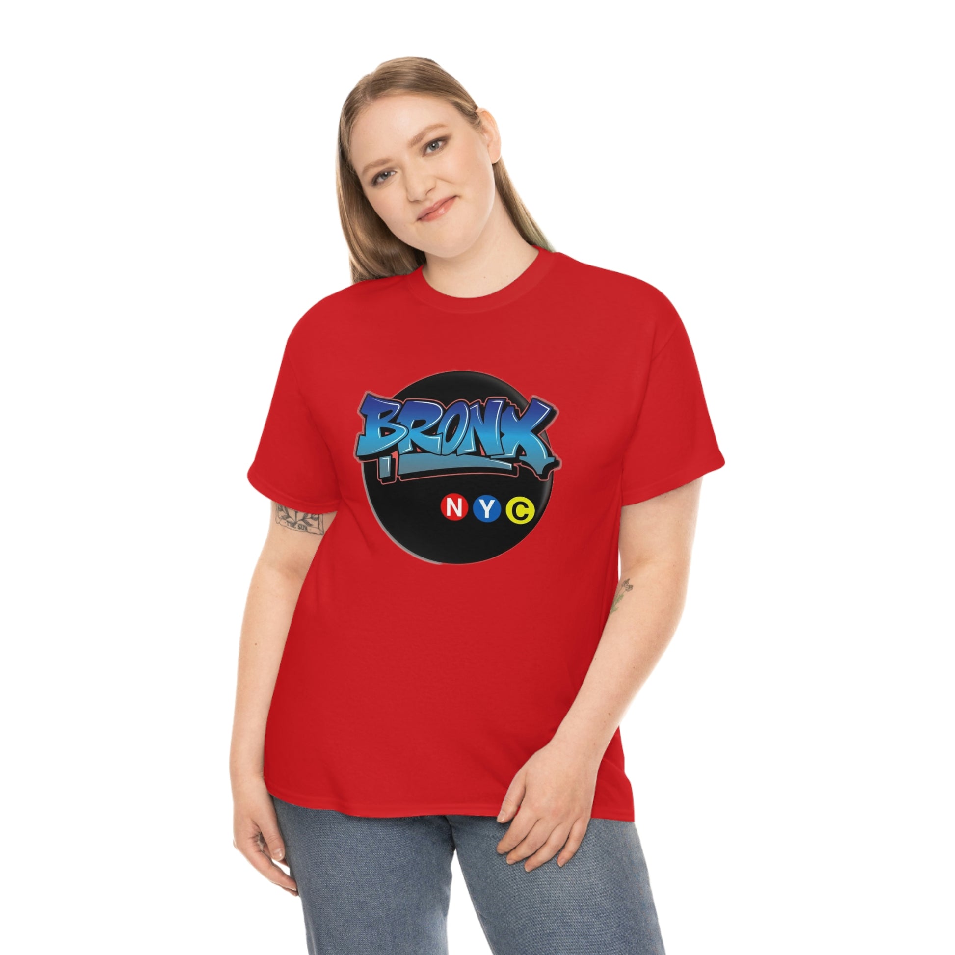 The Bronx Unisex Heavy Cotton Red Tee On Female Model