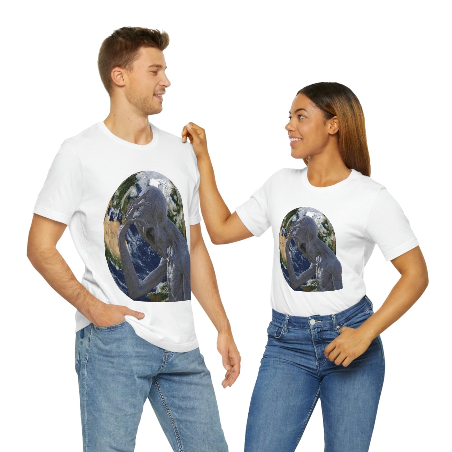 Couple Wearing Alien Head Smack Unisex Jersey Short Sleeve Tee