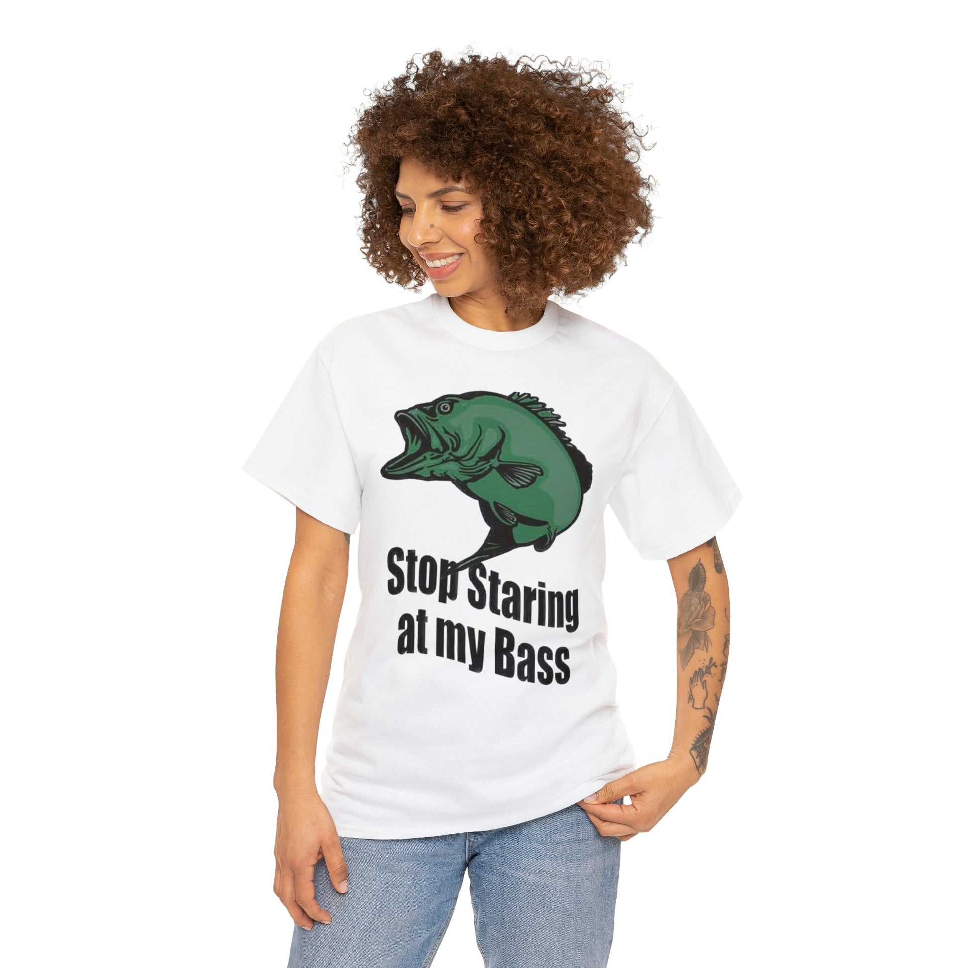 Stop Staring At My Bass Unisex Heavy Cotton Tee Modeled By Girl