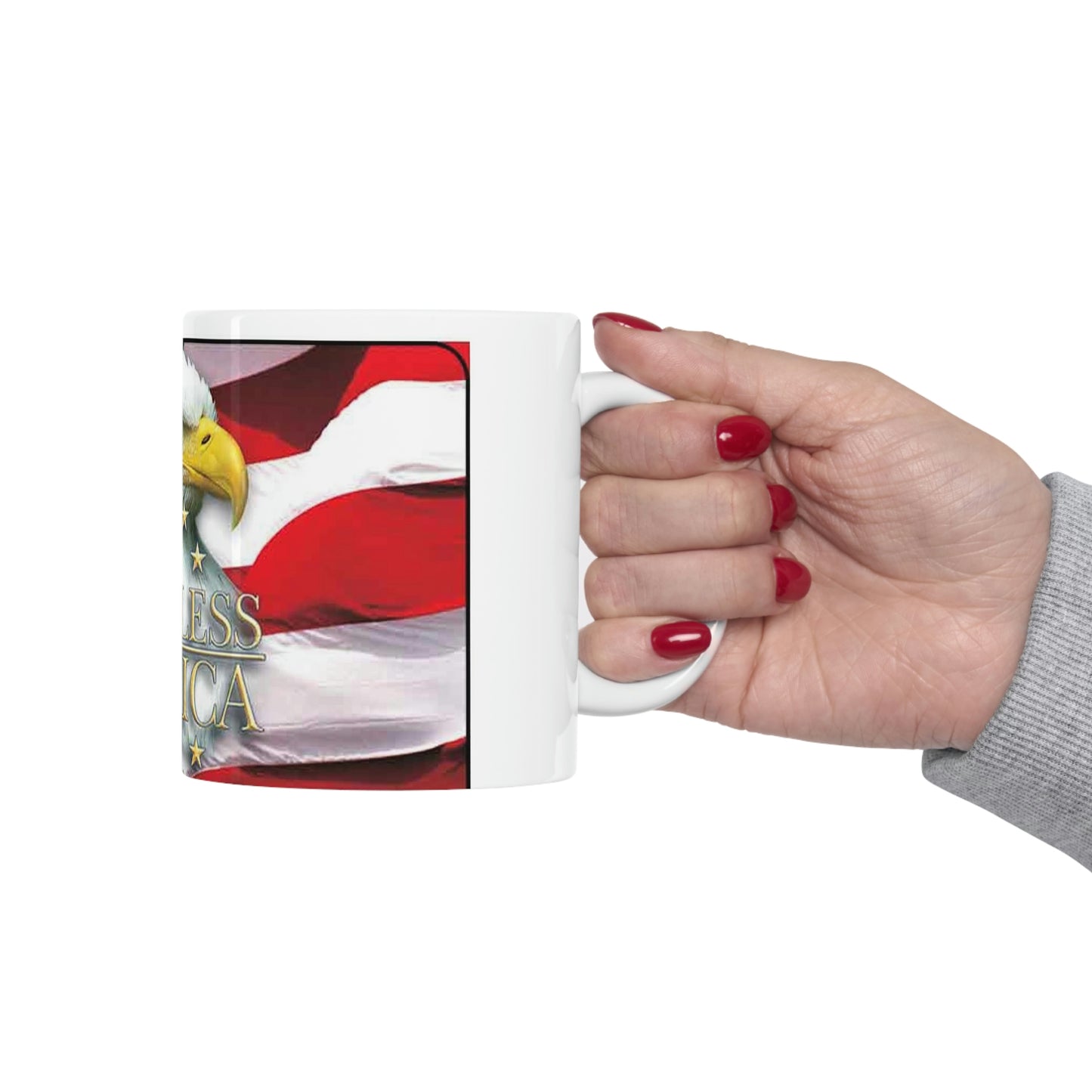 Hand Holding God Bless America 11oz Ceramic Mug Eagle American Flag