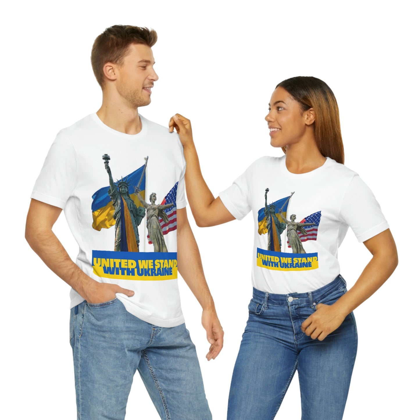 Couple Wearing Ukraine American Solidarity Unisex Tee Shirts