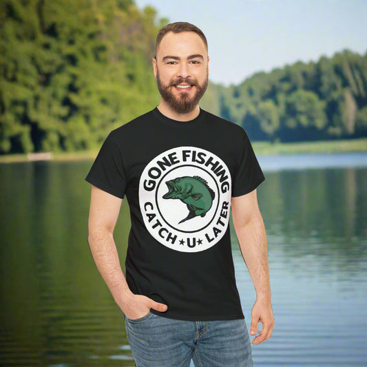 Gone Fishing Unisex Heavy Cotton Tee on Male Model