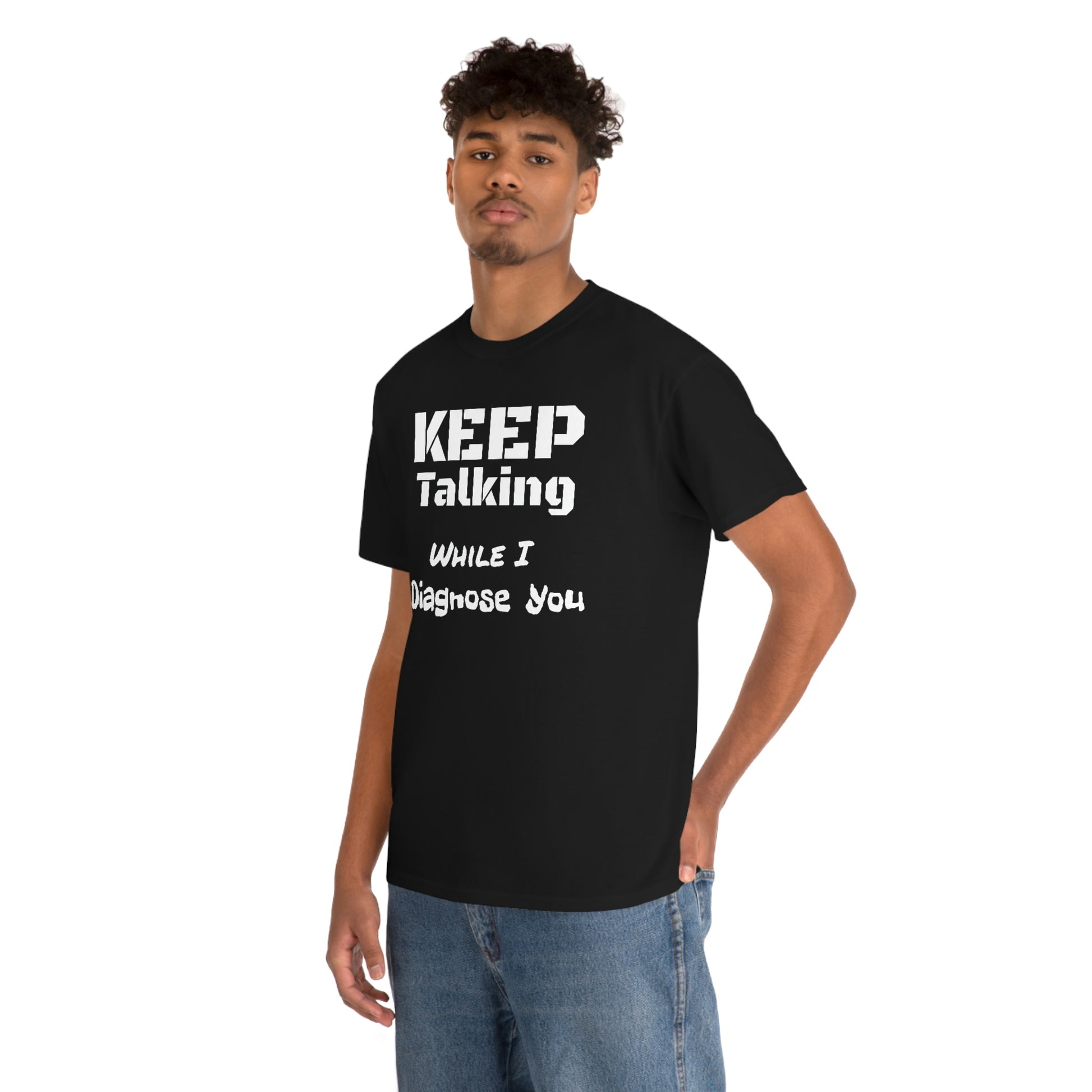 Keep Talking Unisex Heavy Cotton Tee In Black Male Model