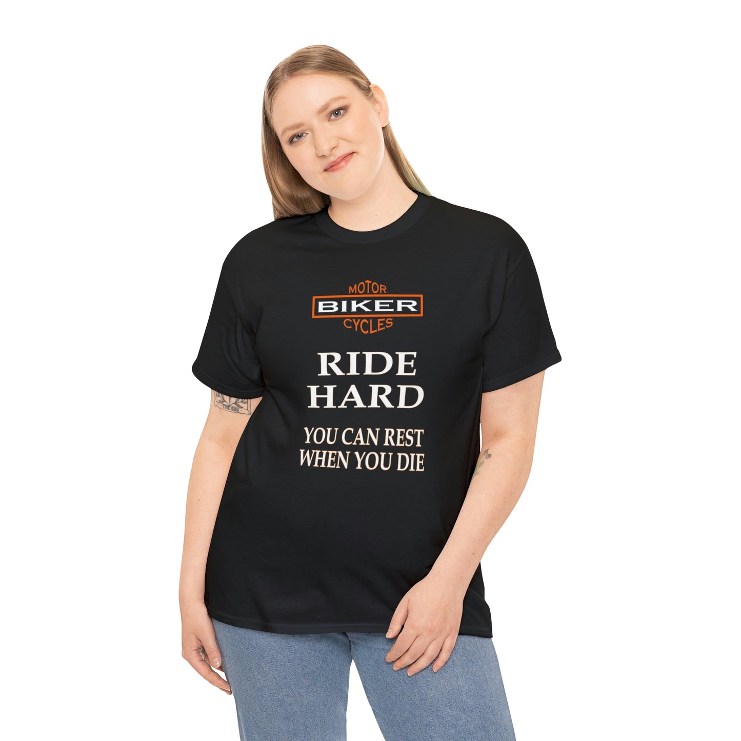 Ride Hard Bikers Unisex Heavy Cotton Tee Shirt on Blonde Model