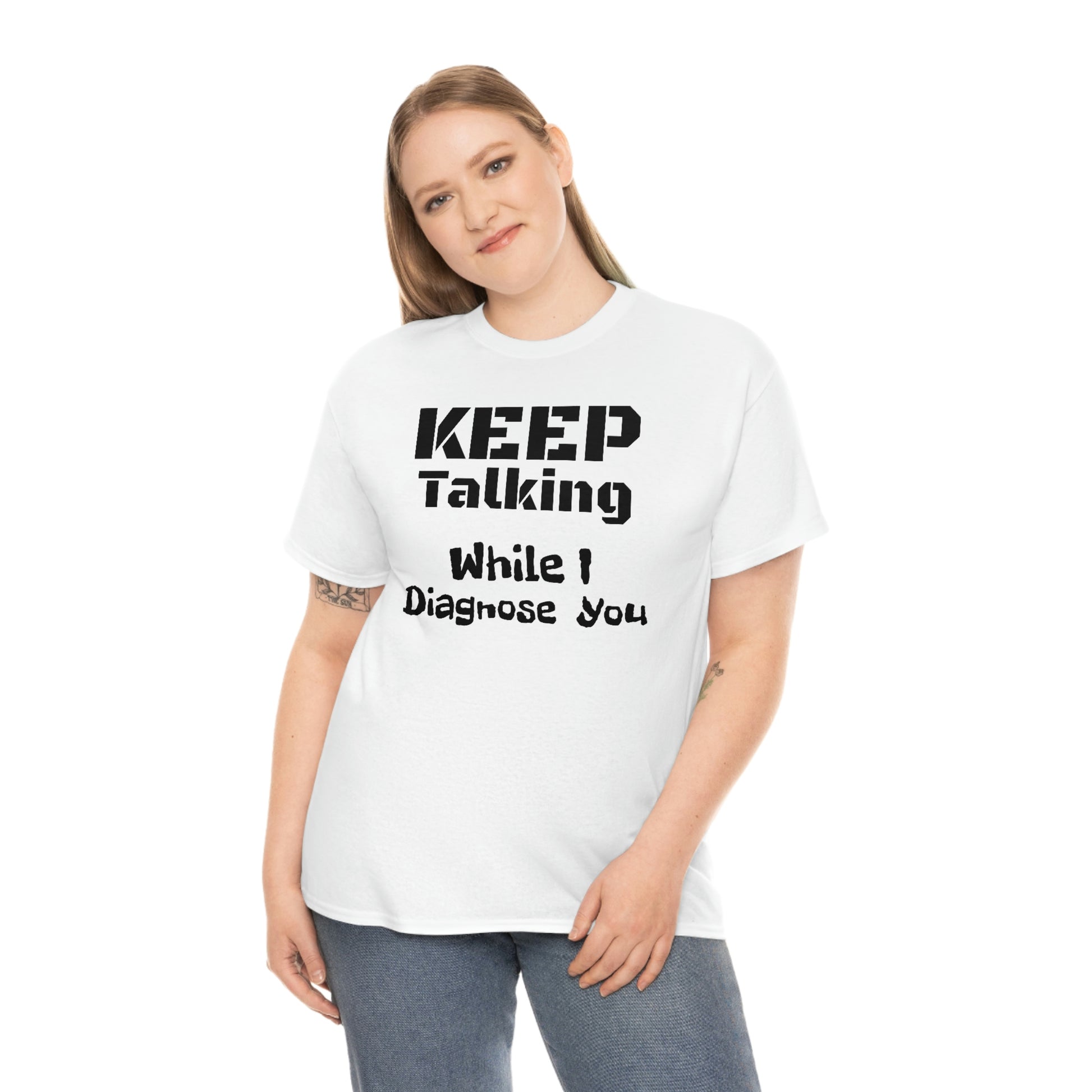 Keep Talking Unisex Heavy Cotton Tee In White Female Model