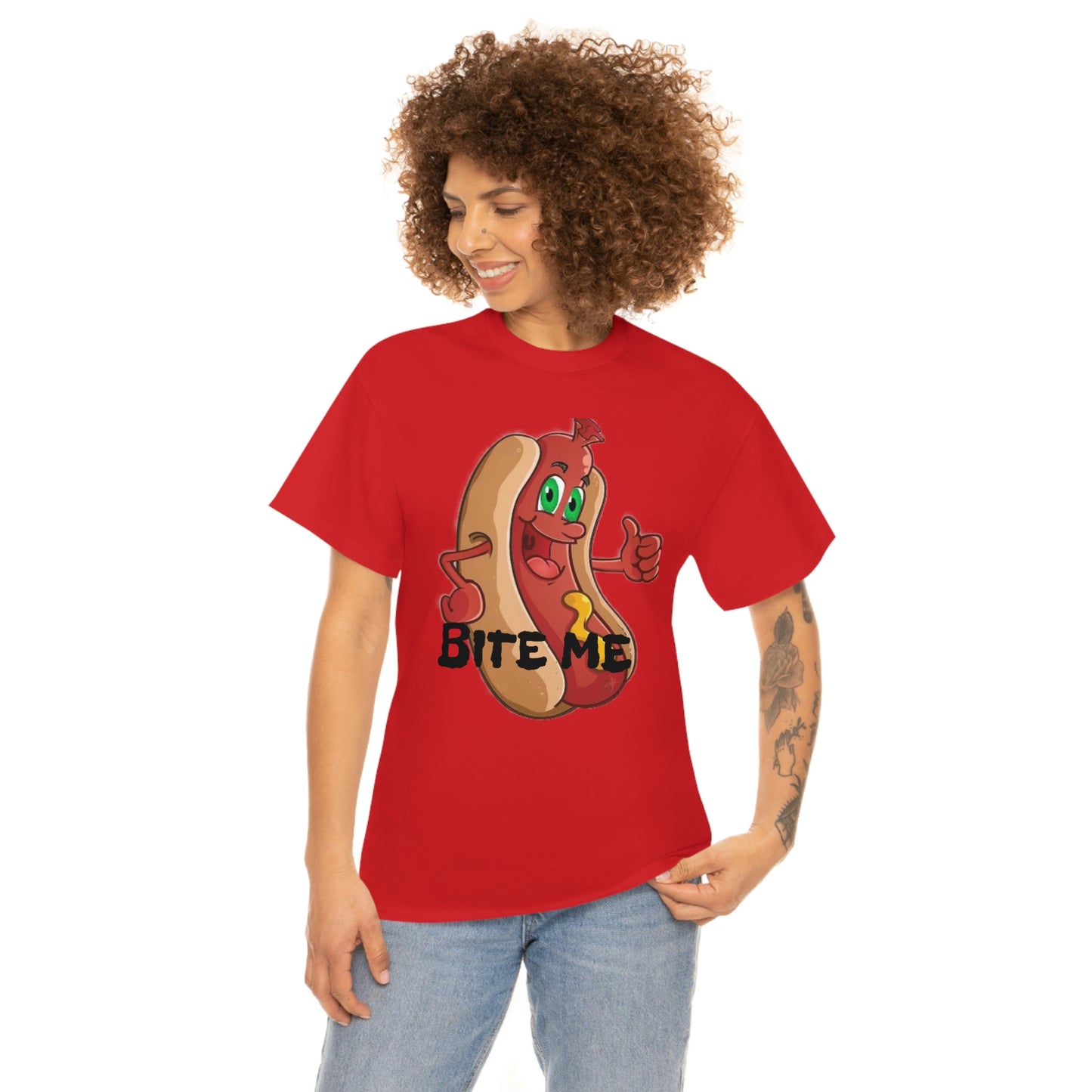 Bite Me Unisex Heavy Cotton Red Tee Female Model