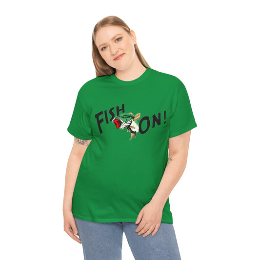 Green Fish On Unisex Heavy Cotton Tee On Blonde Female Model