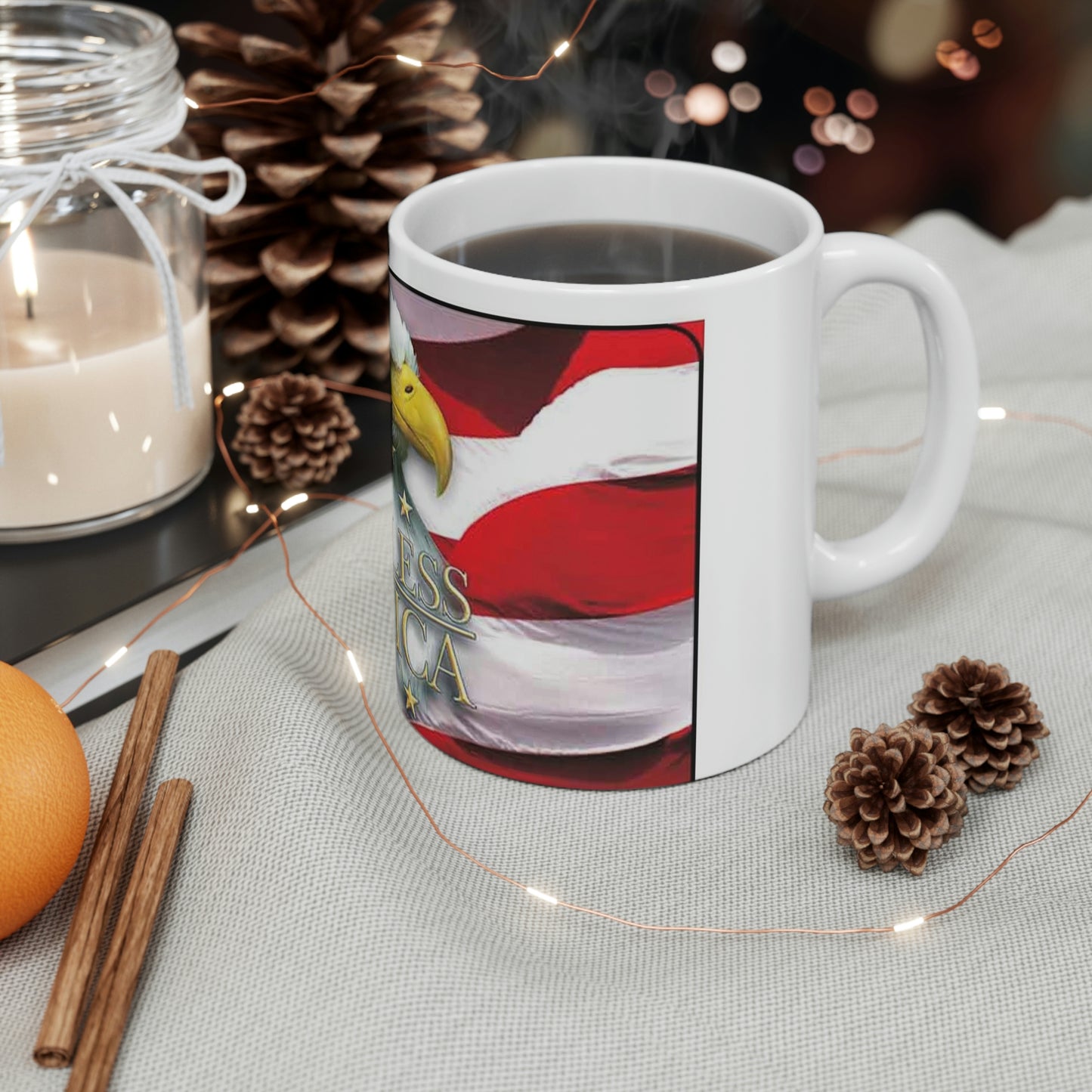 God Bless America 11oz Ceramic Mug Eagle American Flag Backdrop
