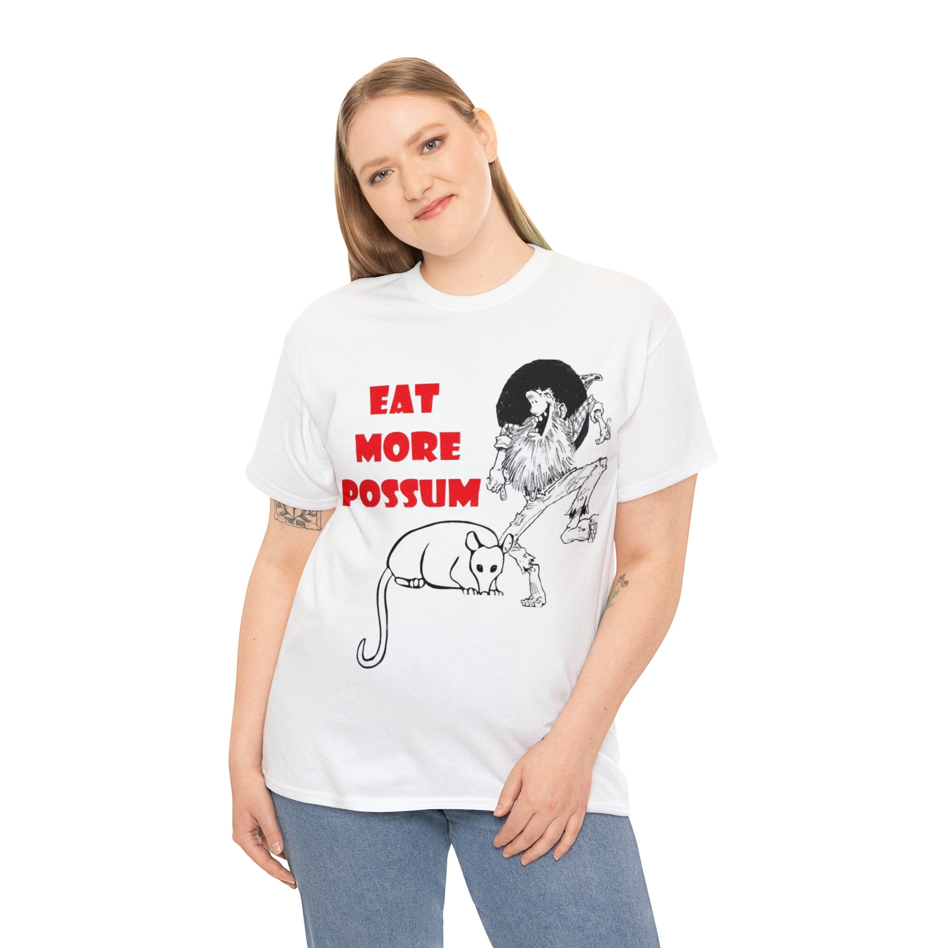Blonde Wearing Eat More Possum Unisex Heavy Cotton Tee