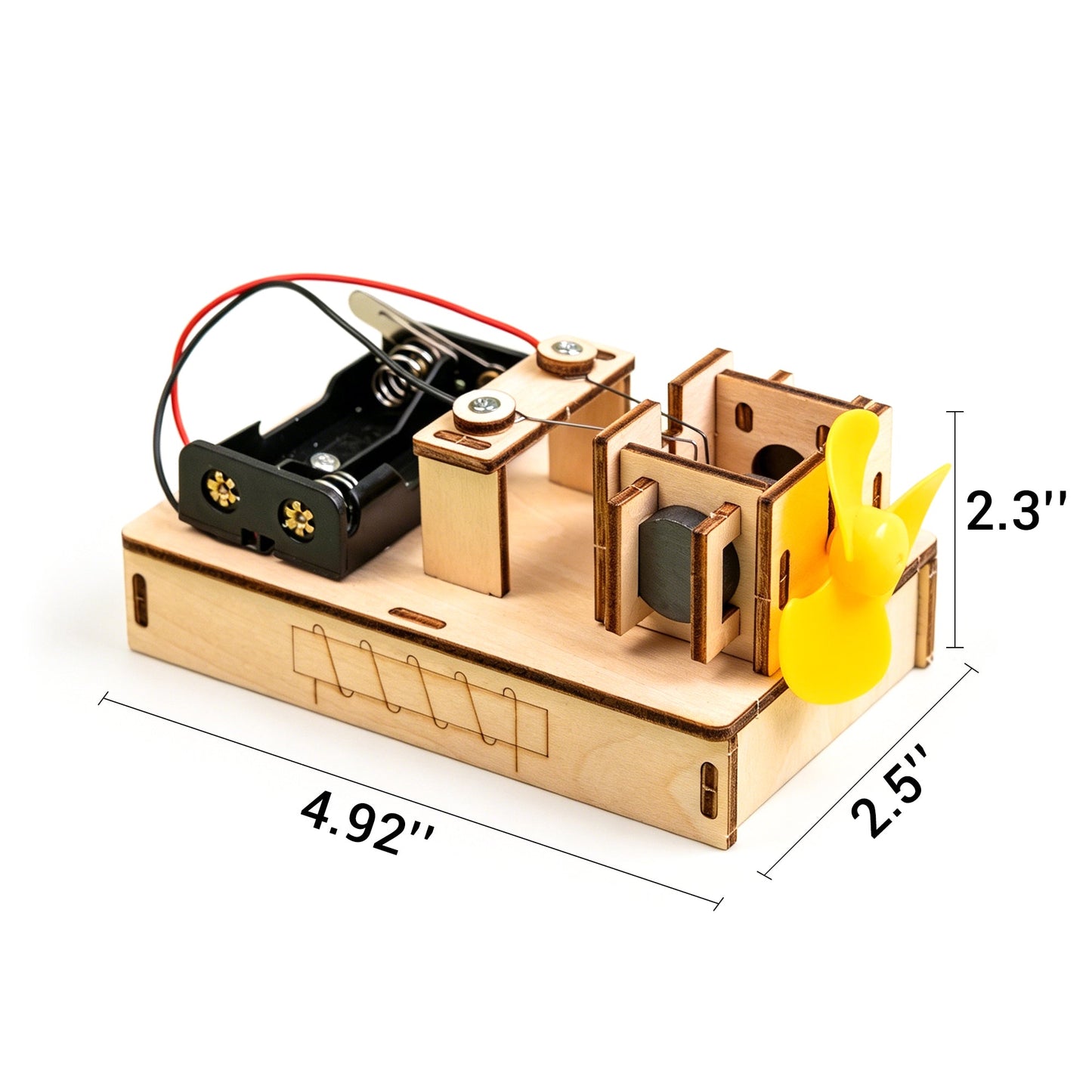 Mechanical model with flame design and battery pack, shown with dimensions on a white background