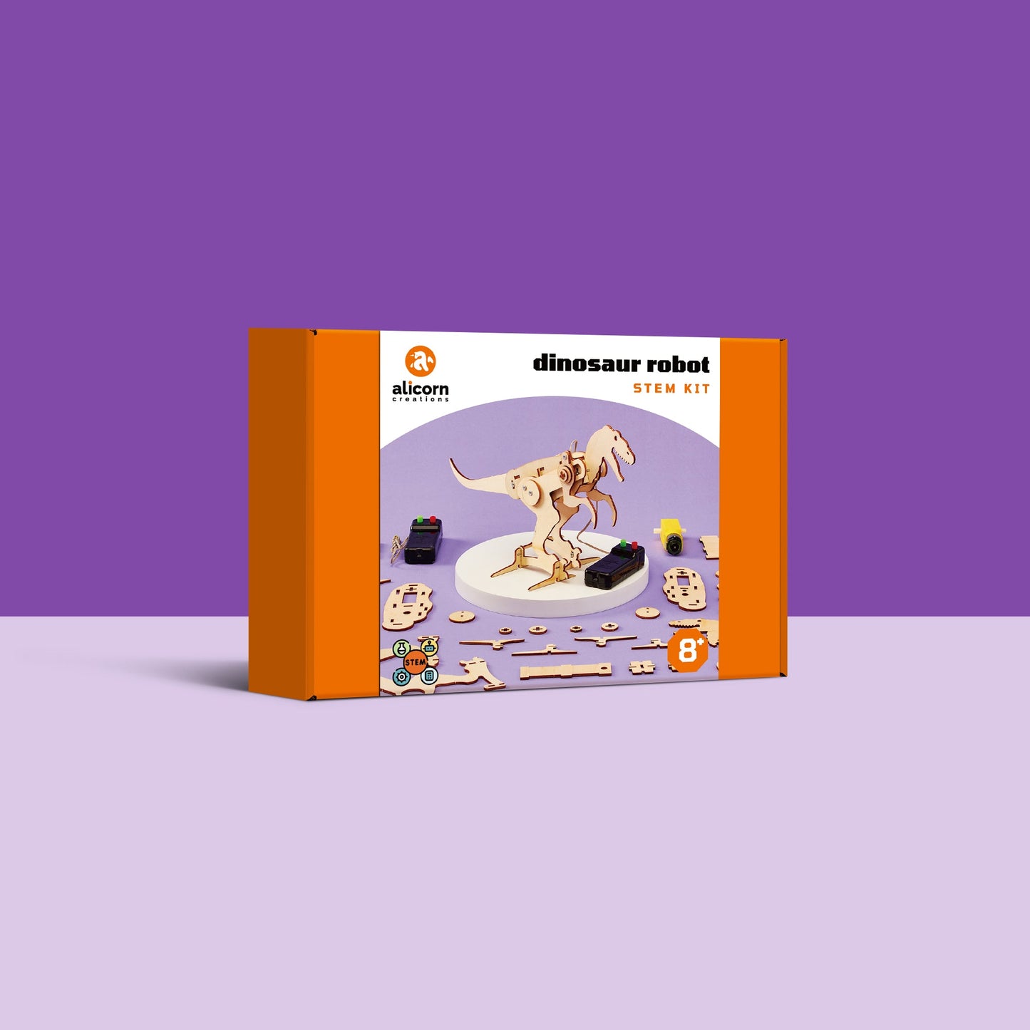 Dinosaur robot STEM kit packaging on a purple background