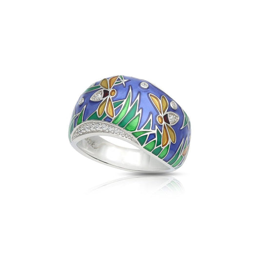 Silver ring with colorful floral design on a white background