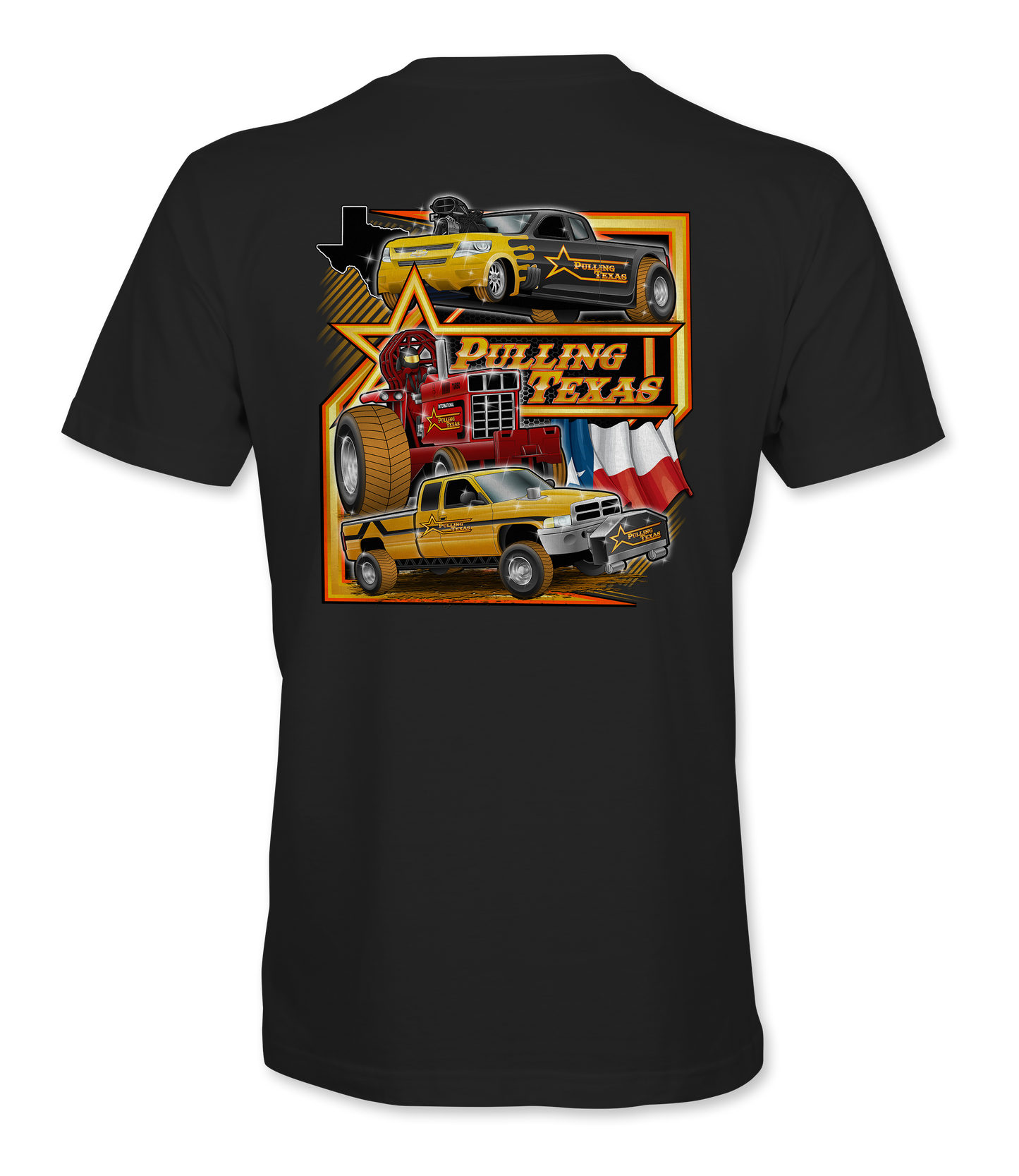 Black t-shirt with 'Pulling Texas' graphic design featuring trucks and a star on a white background.