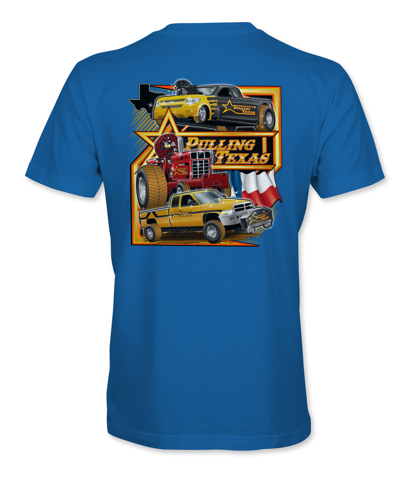 Blue t-shirt with graphic design of trucks and 'Pulling Texas' text on a white background