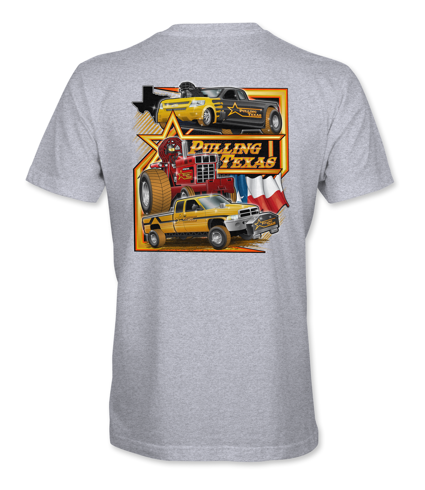Gray t-shirt with 'Pulling Texas' graphic design featuring trucks and a star on a white background.