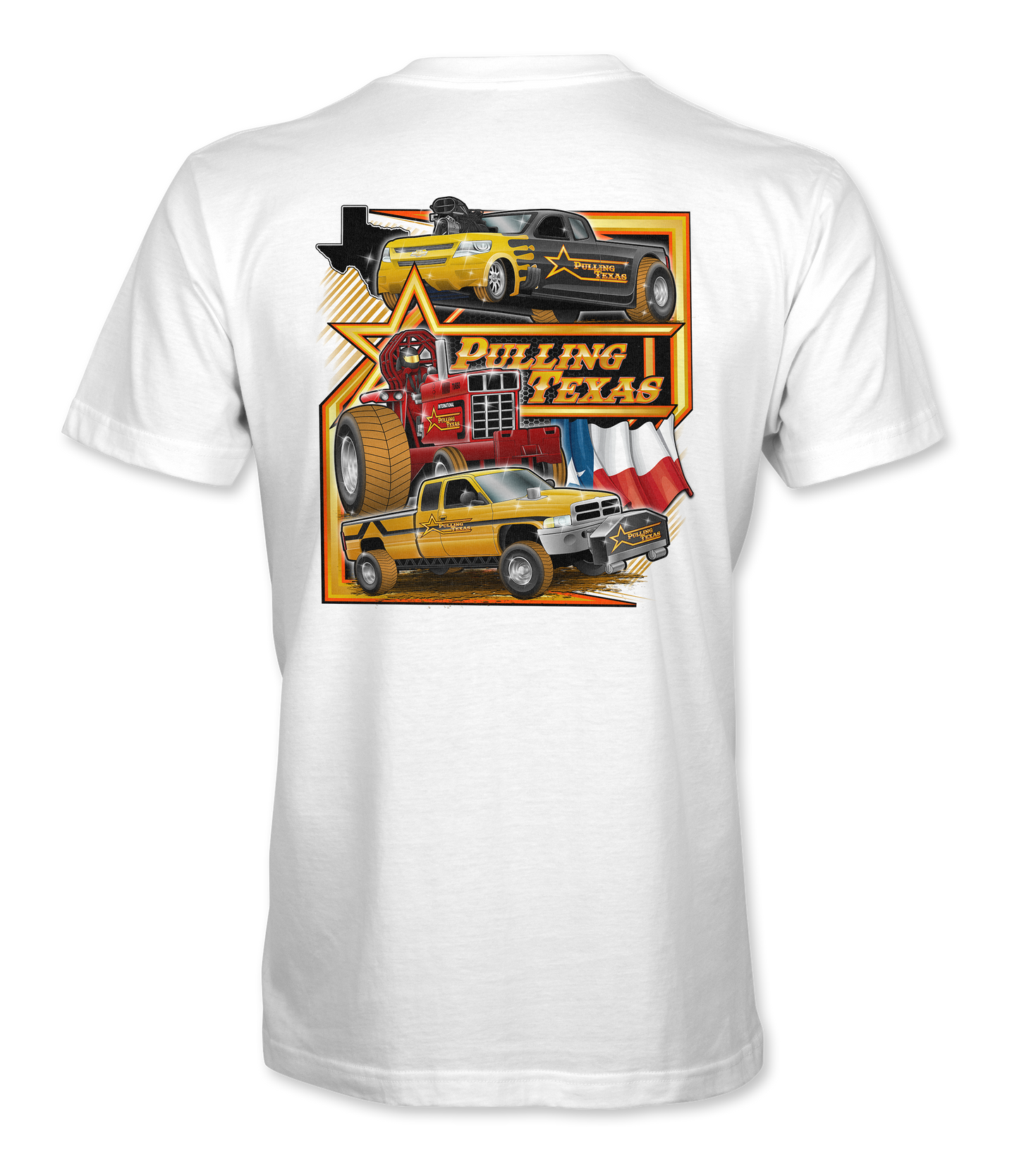 White t-shirt with 'Pulling Texas' graphic design featuring trucks and a star on a white background.