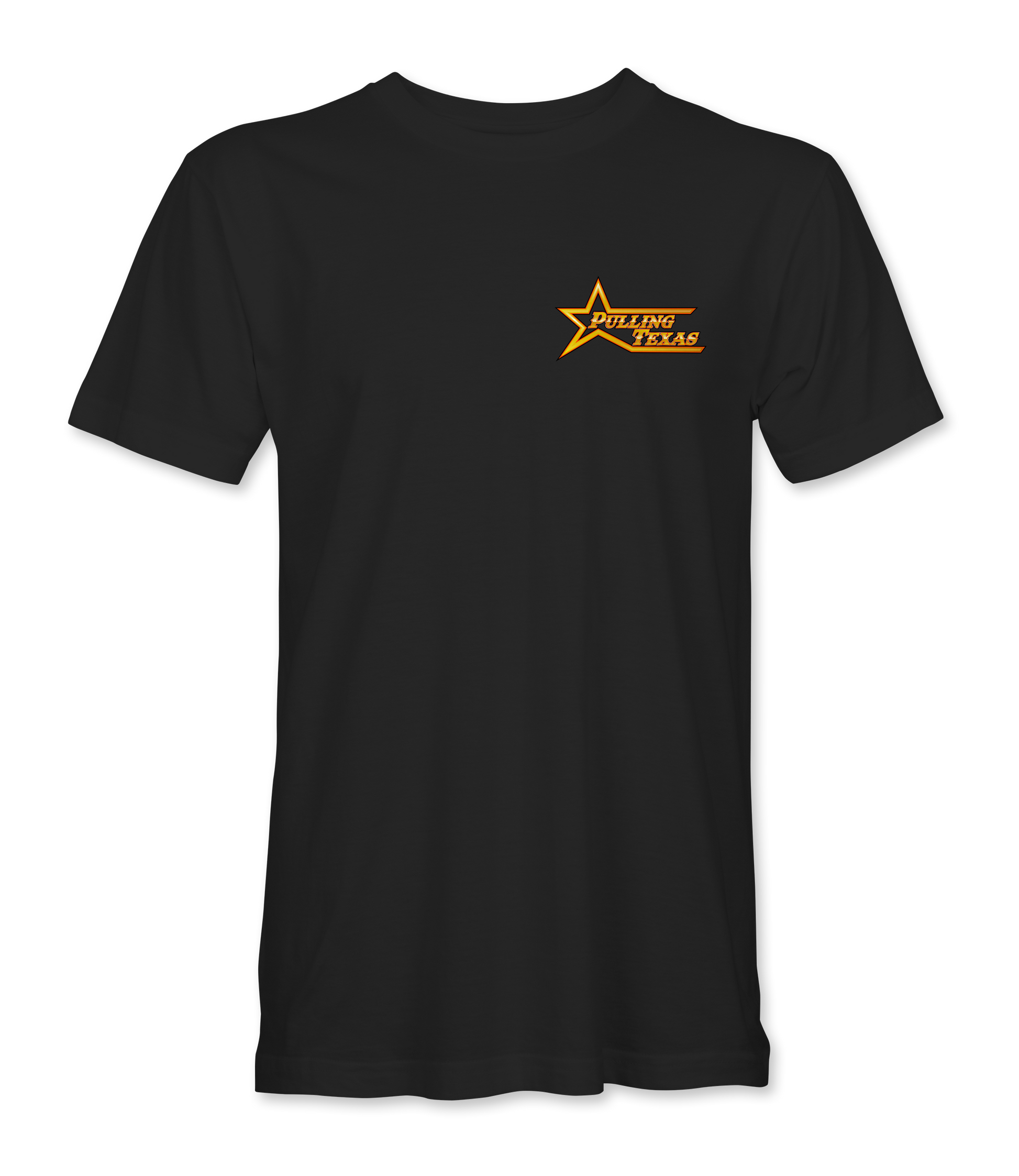 Black t-shirt with a yellow star design on a white background