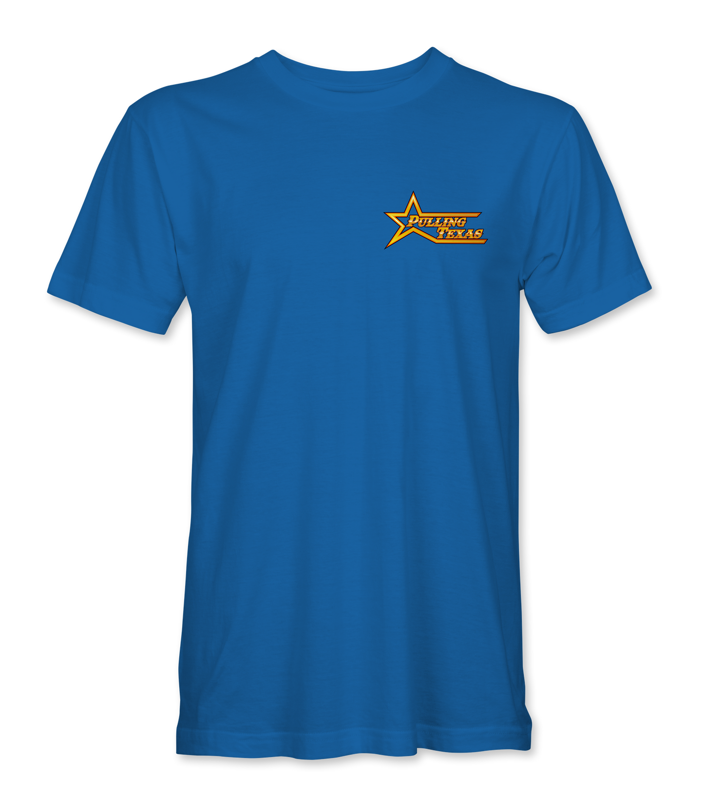 Blue t-shirt with a yellow star logo on a white background