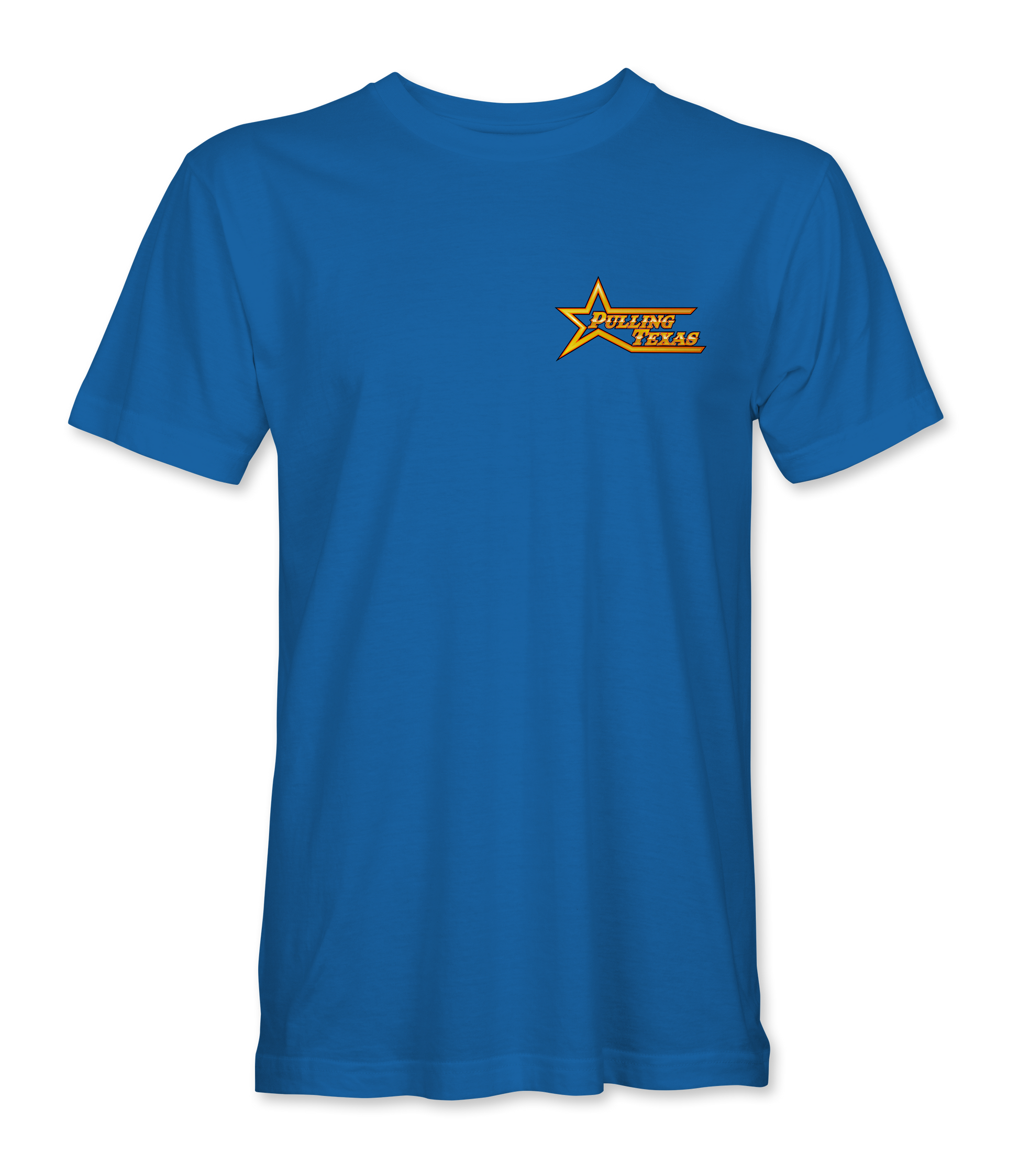 Blue t-shirt with a yellow star logo on a white background