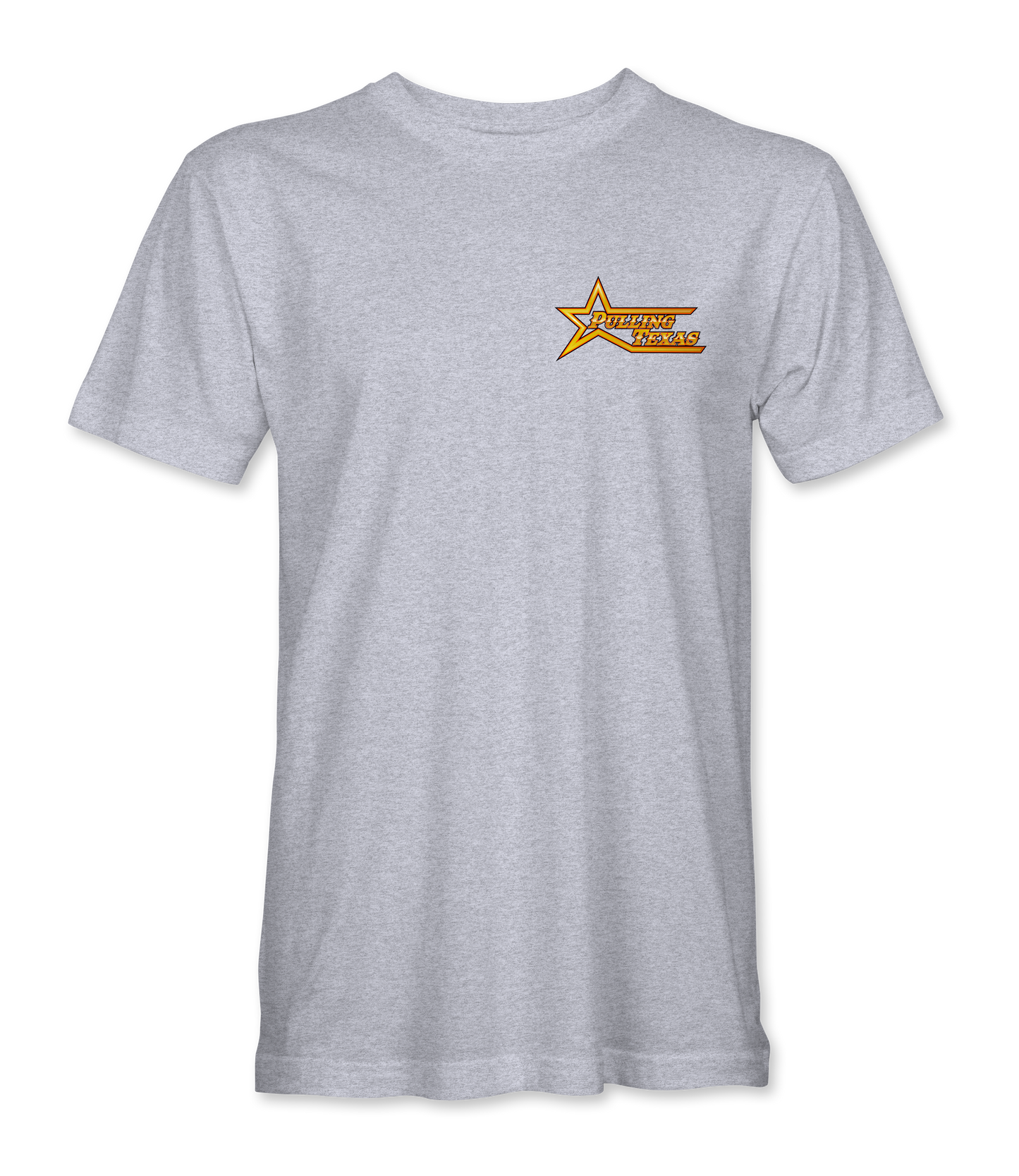 Gray t-shirt with a logo on the chest against a white background