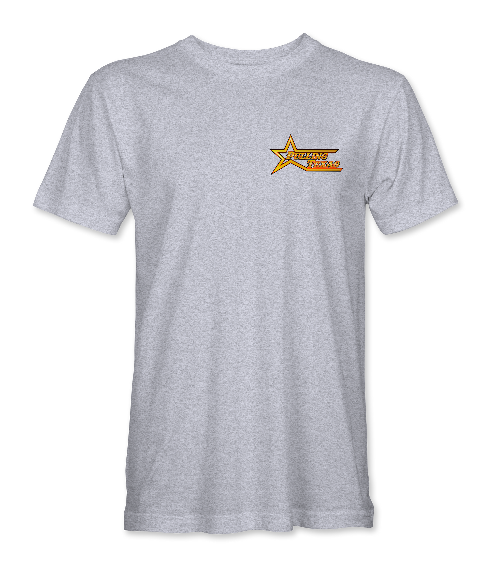 Gray t-shirt with a logo on the chest against a white background