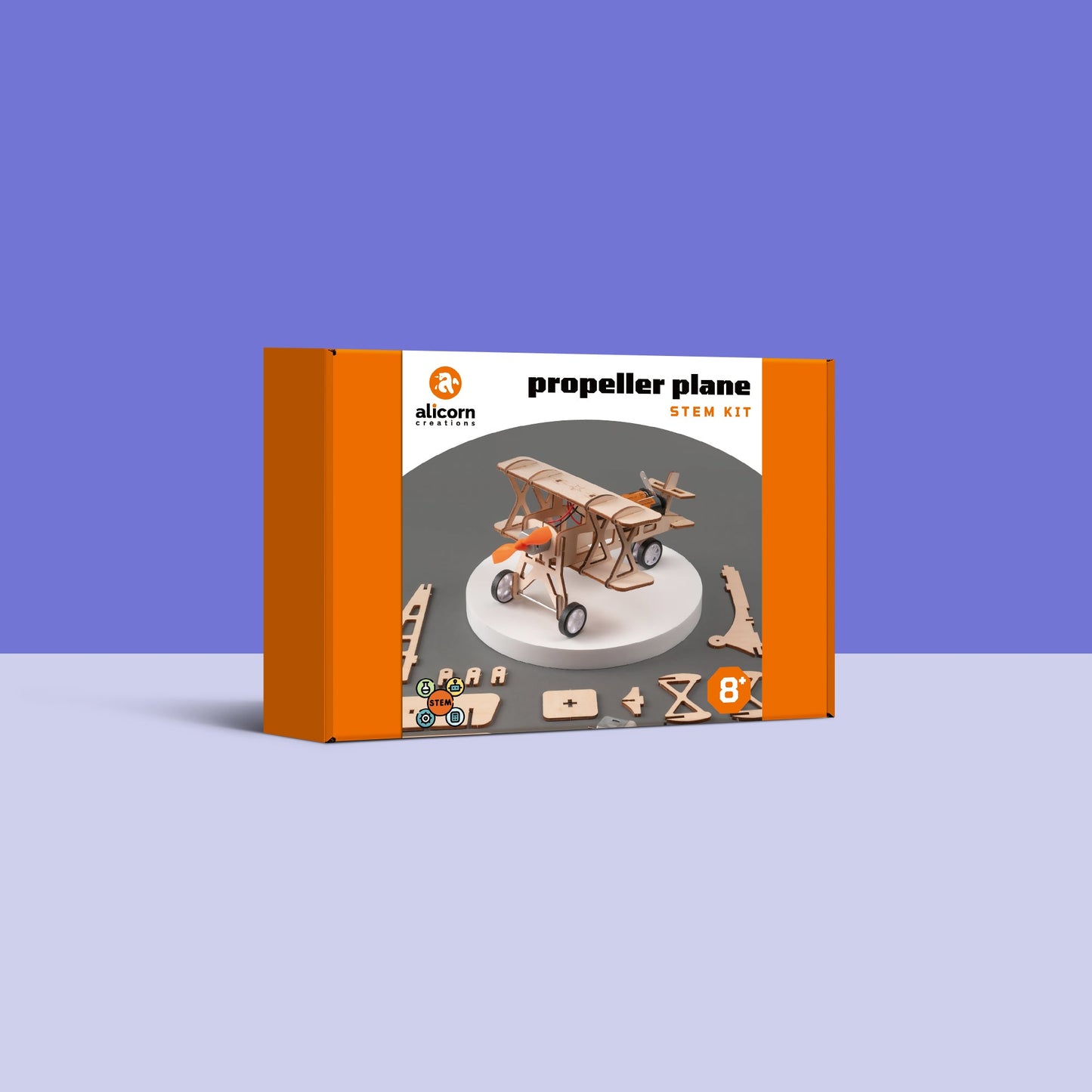 Propeller plane STEM kit packaging on a blue background